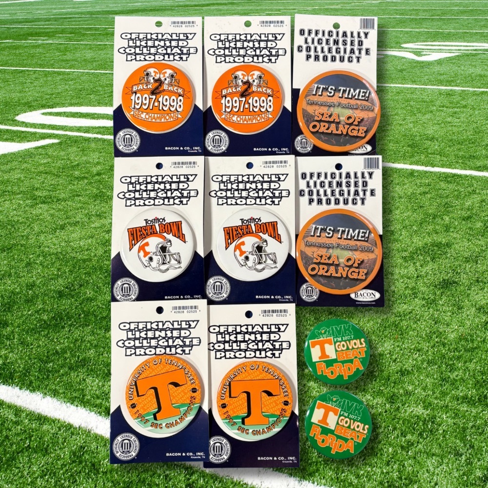10 Vintage Tennessee Vols Pins Buttons Lot SEC Champs Fiesta Bowl Beat Florida